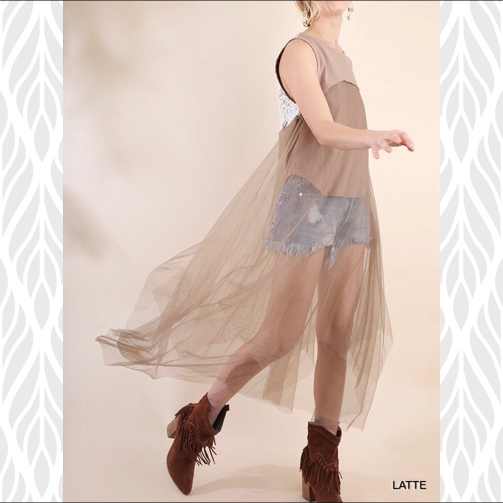 UMGEE Boho Sleeveless Long Sheer Latte Brown Lace